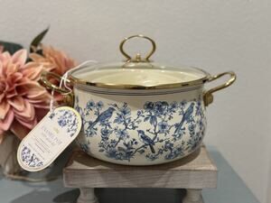 Alta Blue Floral Bird Patterned Enamel Pot w/glass lid and golden handle 3.75 Qt